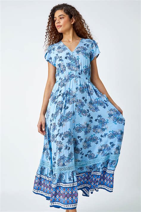 Light Blue Floral Print Shirred Waist Maxi Dress Roman Uk