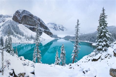 First snow Morning at Moraine Lake in Banff National Park Alberta ...