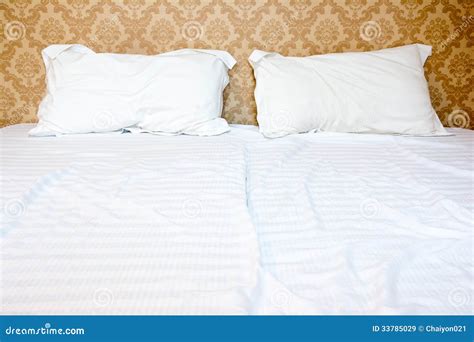 Messy Bed With Two Pillows Stock Image Image Of Rumpled 33785029