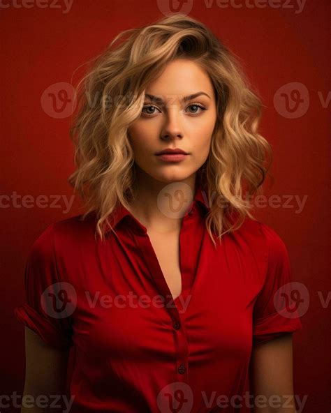 Beautiful Blonde Woman In Red Shirt Posing Against Red Background Generative AI 27806864 Stock
