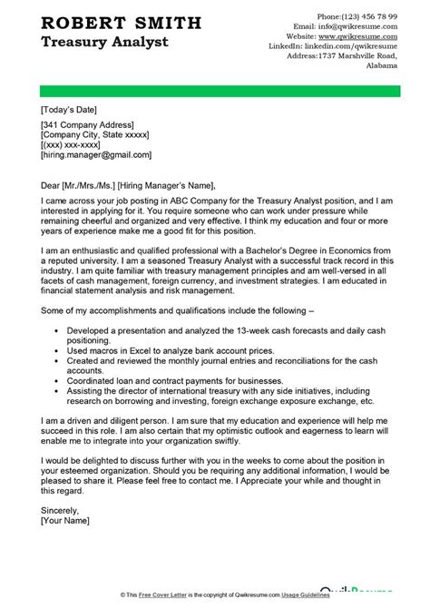 Treasury Analyst Cover Letter Examples QwikResume