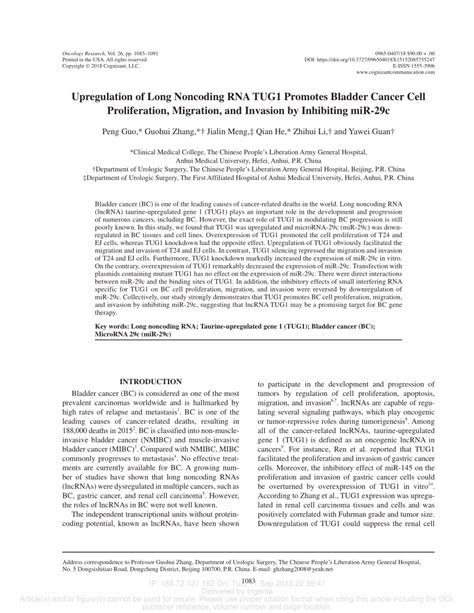 Pdf Upregulation Of Long Noncoding Rna Tug Promotes Bladder Cancer