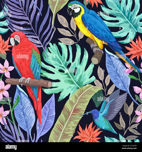 Colorful Tropical Seamless Pattern With Exotic Birds And Flowers