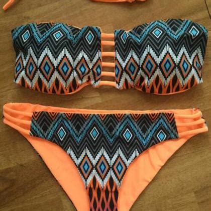 Retro Print Hollow Cut Out Straps Bikini Swimwear On Luulla