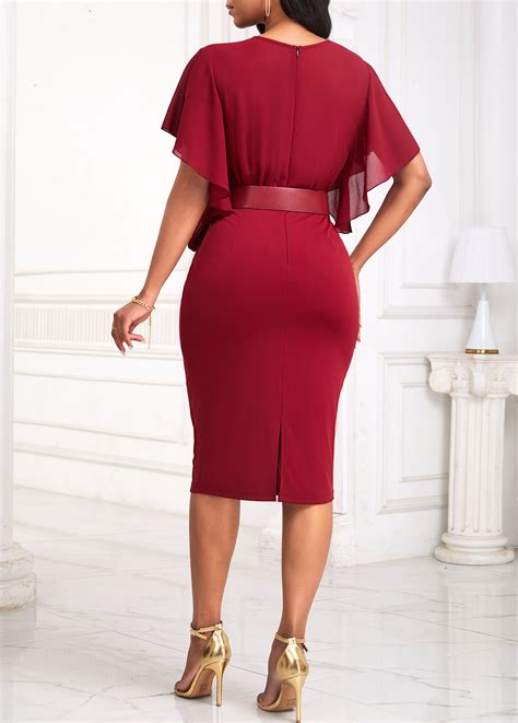 ROTITA Tie Wine Red Belted Round Neck Bodycon Dress Rotita USD