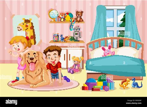 Children and pet dog in bedroom illustration Stock Vector Image & Art ...