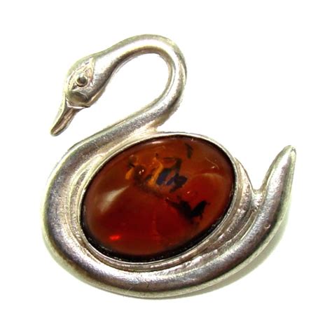 Broche Cygne en Ambre Véritable et Argent