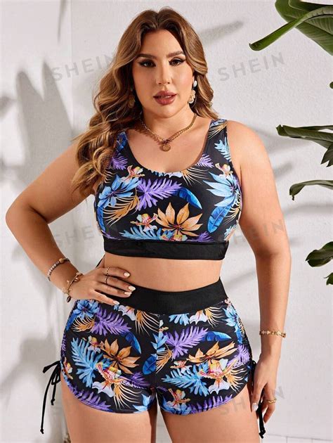 Shein Swim Curve Conjunto De Traje De Ba O Con Estampado Tropical De