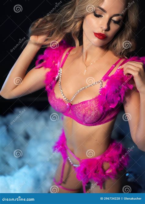 Blonde Girl With Full Lips Posing Underwear In Pink Stock Photo Image Of Underwear Figure