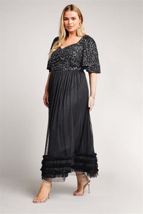 LUXE Plus Size Curve Black Sequin Sweetheart Ruffle Maxi Dress Yours