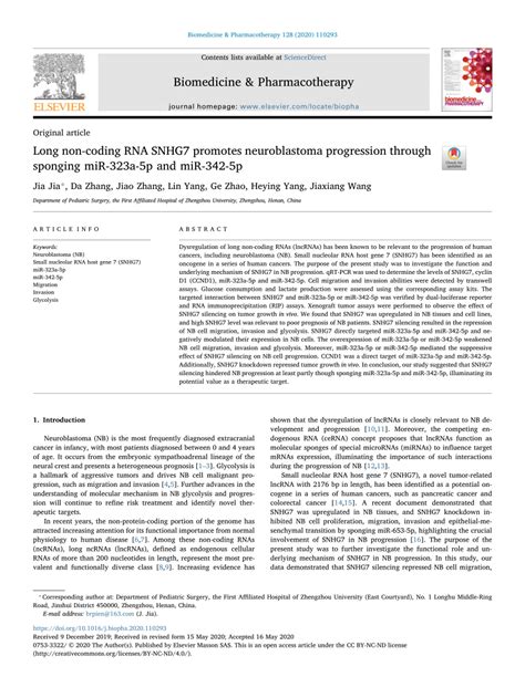 PDF Long Non Coding RNA SNHG7 Promotes Neuroblastoma Progression