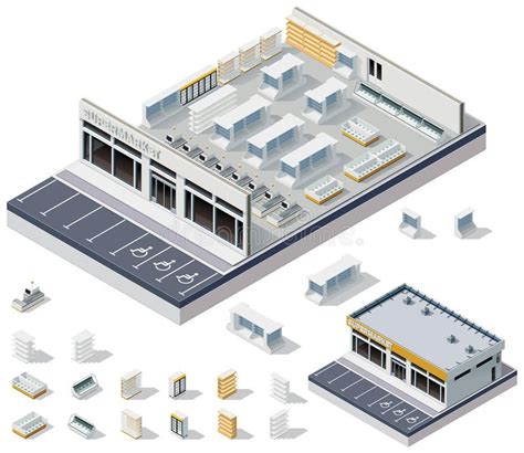 Vector Isometric DIY Supermarket Interior Plan Cutaway View Of Modern