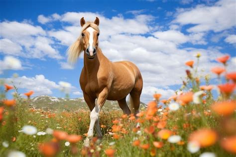 Premium Photo Beautiful Horse In A Field Of Flowers