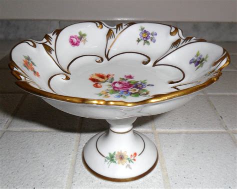 Vintage Pm Made In East Germany Floral And Gold Trim Footed Compote