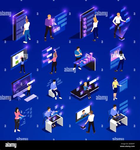 People And Interfaces Glow Isometric Icon Set With Cloud Interfaces Vr