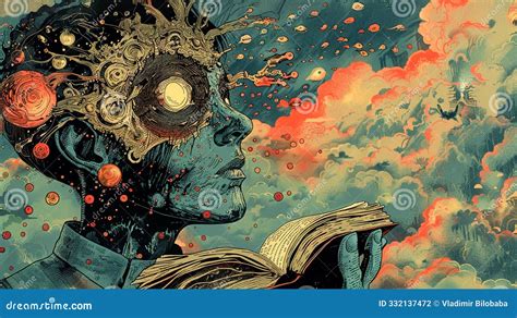 A Surreal Representation of Knowledge Expanding in a Vibrant Mindscape Stock Illustration