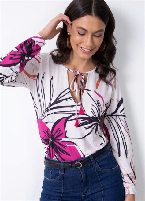 Blusa Floral Bege Com Amarração Quintess