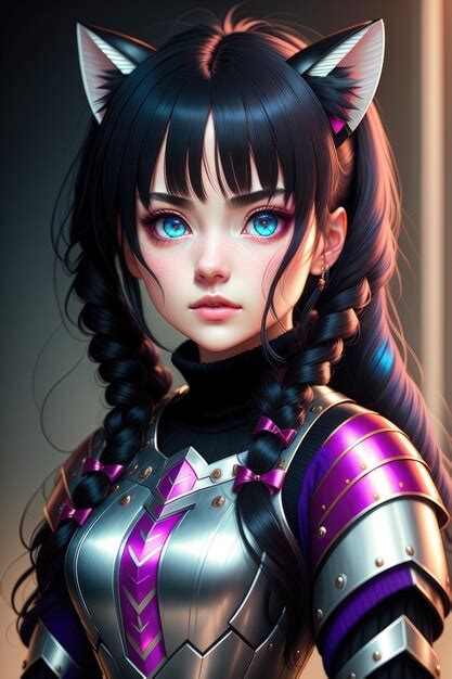 Premium Photo A Beautiful Anime Girl With Black Hair Red Eyes Cat