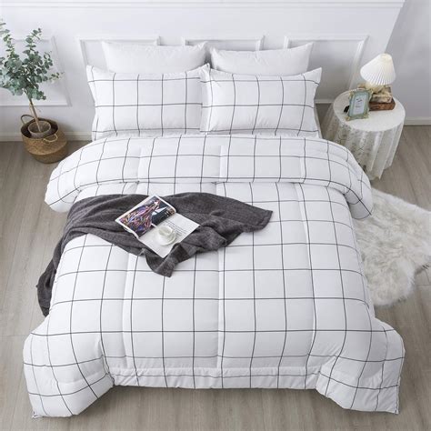 Andency White Grid Comforter Set Queen 90x90inch 3 Pieces