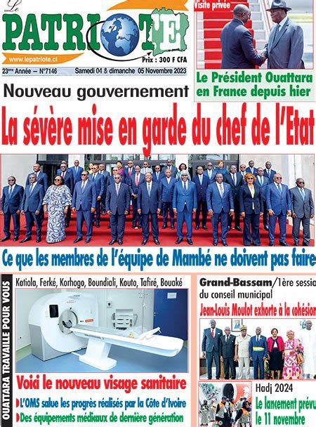 Titrologie De Le Patriote N Du Samedi Novembre Abidjan