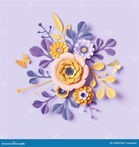 3d Render Pastel Botanical Background Paper Flowers Mother`s Day Floral Bouquet Yellow