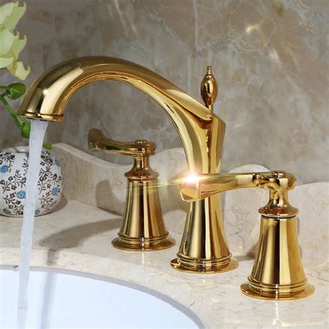 Gold Solid Brass 2 Handle Widespread Bathroom Sink Faucet Golden