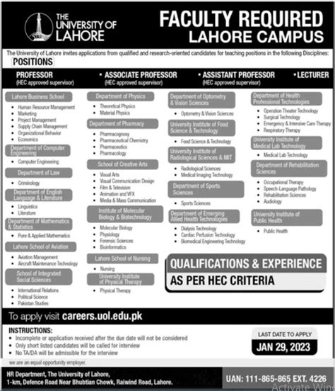 Faculty Required At The University Of Lahore Uol Job Advertisement