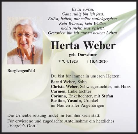 Traueranzeigen Von Herta Weber Mittelbayerische Trauer