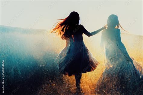 Girl in dress dancing with her silhouette shadow, grass meadow covered by fog and mist, back ...