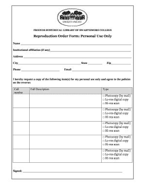 Fillable Online Swarthmore Reproduction Order Form Personal Use Only