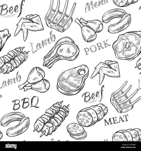 Meat Black White Sketch Seamless Pattern With Beef And Pork Vector