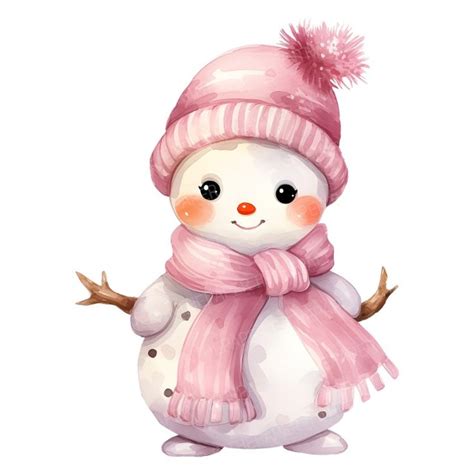 Adorable Snowman With Pink Hat And Scarf Png Watercolor Etsy In