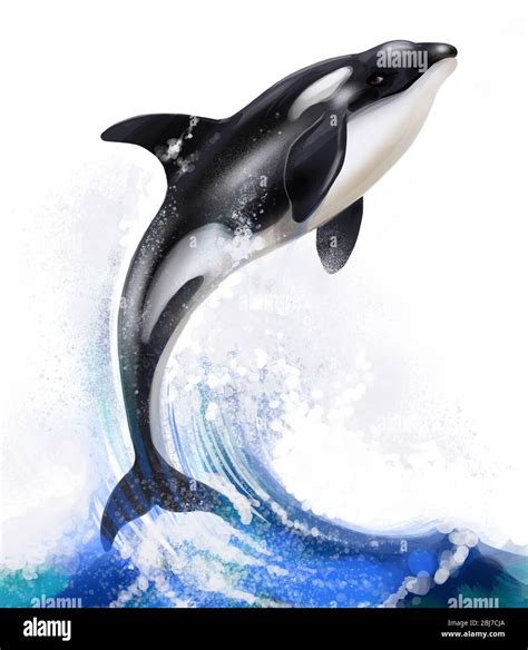 Jumping Killer Whale And Sea Wave Digital Illustration Stock Photo Alamy