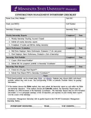 Fillable Online Cset Mnsu CONSTRUCTION MANAGEMENT INTERNSHIP CHECKLIST