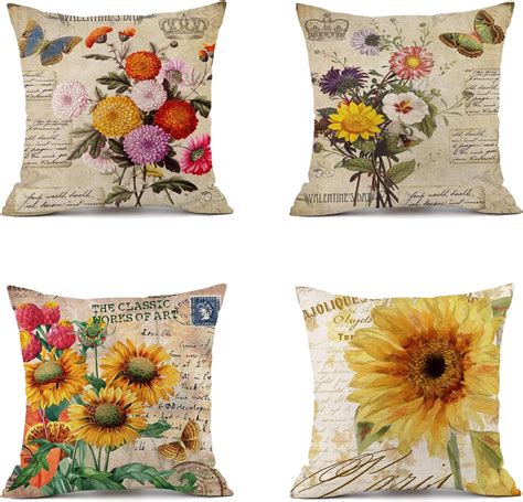 Vigvog Set Of 4 Sunflower Cushion Covers Patio Garden Farmhouse Flower