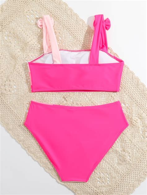 Teen Girls Colorblock Bow Shoulder Bikini Swimsuit SHEIN USA