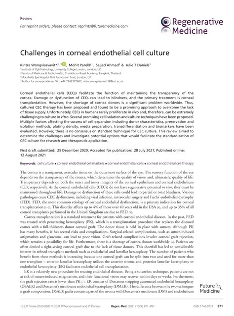 Pdf Challenges In Corneal Endothelial Cell Culture