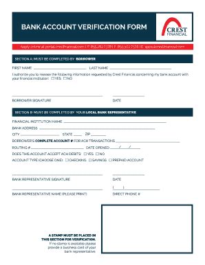 Fillable Online BANK ACCOUNT VERIFICATION FORM Crest Financial Fax