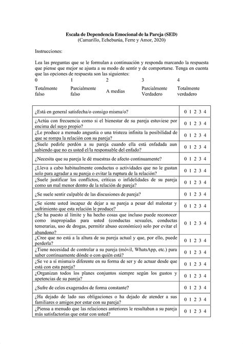 Escala De Dependencia Emocional De La Pareja SED Tenga En Cuentaque