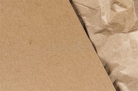 Crumpled Craft Paper With Carton Sheets Close Up Copy Space Stock