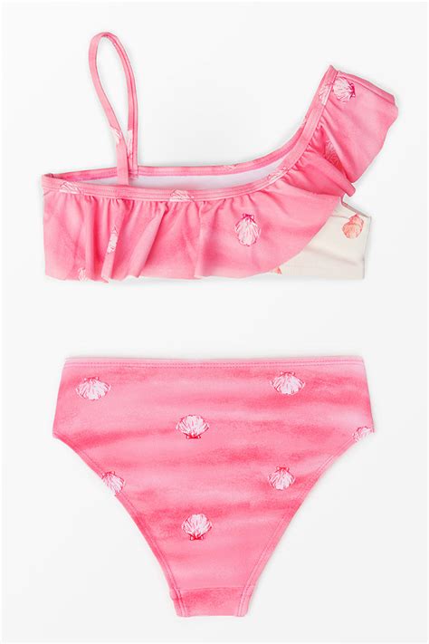 Mädchen Eine Schulter Bikini mit Rüschen und Muschelprint Cupshe Deutschland