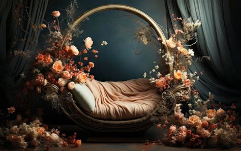 Premium AI Image | a bed with flowers and a bed with a woman laying on it.