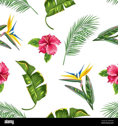 Seamless Pattern With Tropical Leaves And Flowers Palms Branches Bird