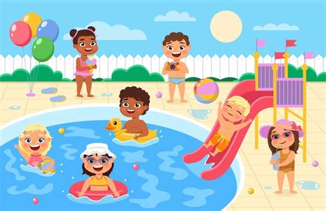 Premium Vector Pool Party Kids Children Play And Swim In Water Park