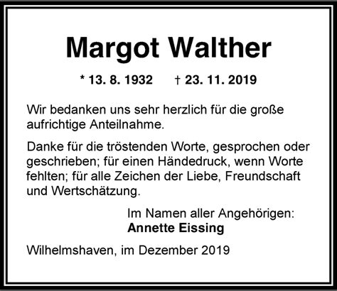 Traueranzeigen Von Margot Walther Nordwest Trauer De