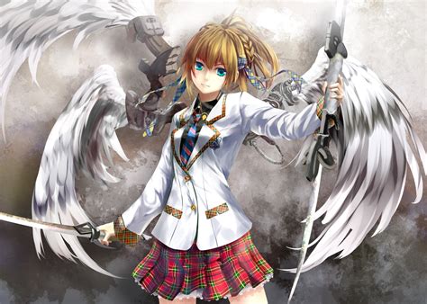 Dressed Female Anime Character Holding Sword With Wings Hd Wallpaper