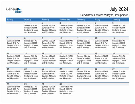 July Sunrise And Sunset Calendar For Cervantes Pdf Excel Word