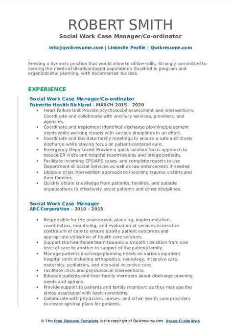 Social Work Case Manager Resume Samples Qwikresume