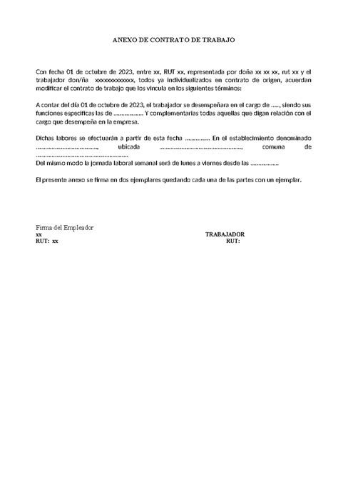 Anexo Cambio Lugar DE Trabajo Y Jornada - ANEXO DE CONTRATO DE TRABAJO