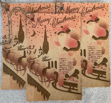 Vintage Christmas Gift Tags Cards Pink Santa Reindeer A Merry Christmas